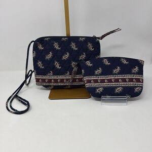 Vera Bradley Vintage Navy Paisley Quilted Crossbody & Pouch Lot Made In USA
